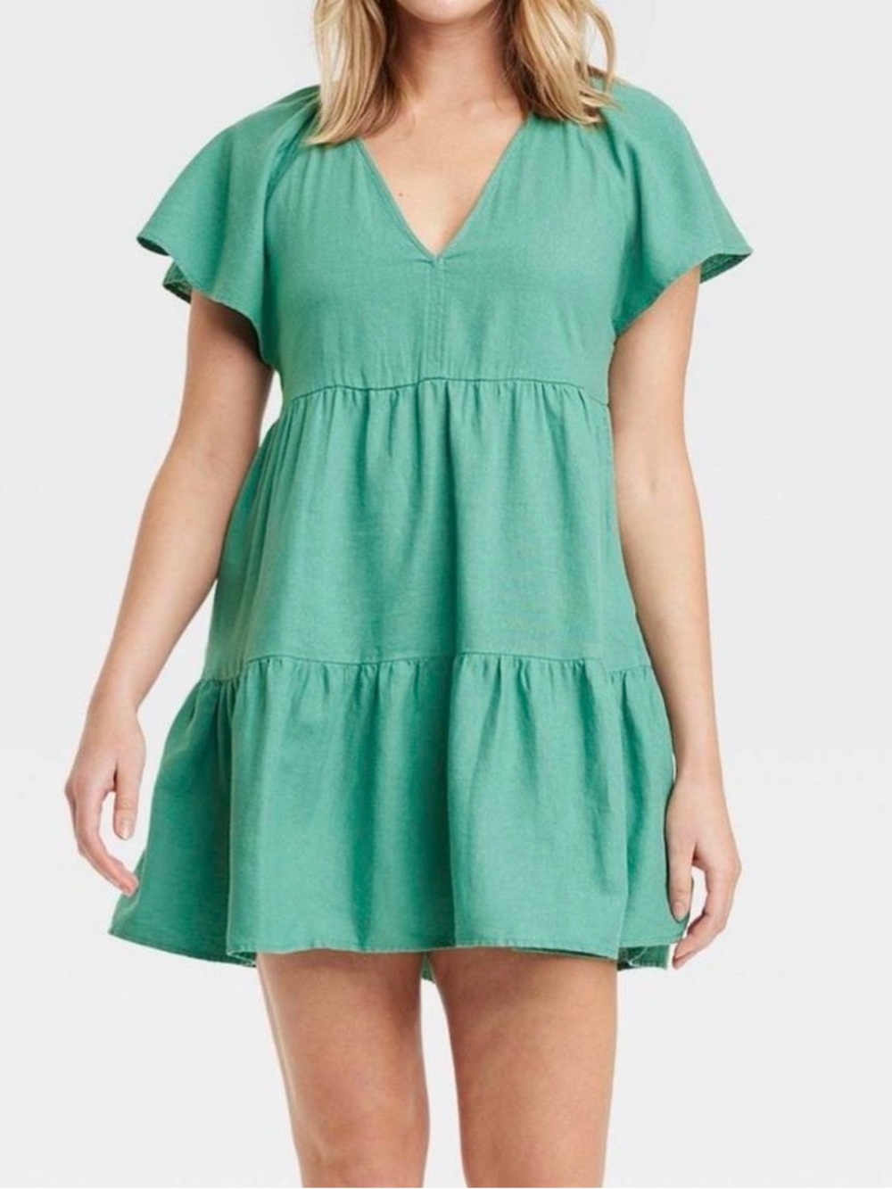 Light Sage V-Neck Tiered Women's Dress